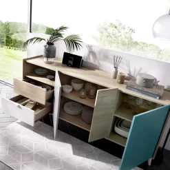 Credenza 180x75h cm soggiorno rovere grigio bianco petrolio Dominic