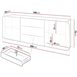 Credenza 180x70h cm sospesa 2 ante 3 cassetti beige Volia