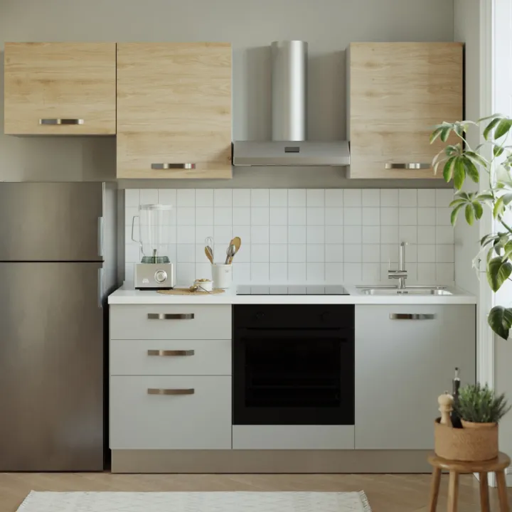 Cucina completa 240cm reversibile moderna lineare rovere grigio chiaro ChefEasy