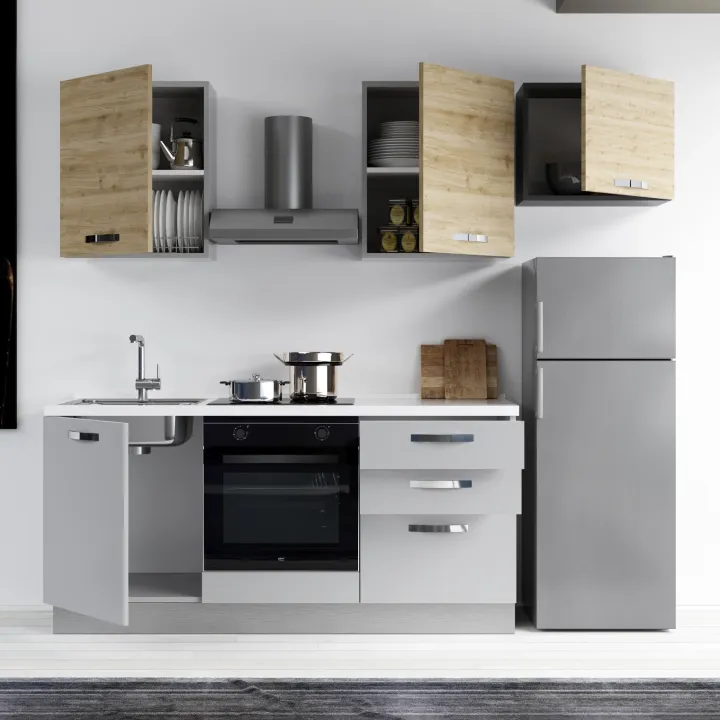 Cucina completa 240cm reversibile moderna lineare rovere grigio chiaro ChefEasy