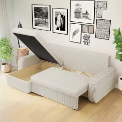 Divano angolare letto reversibile 238x147cm 3 posti velluto a coste beige Flow