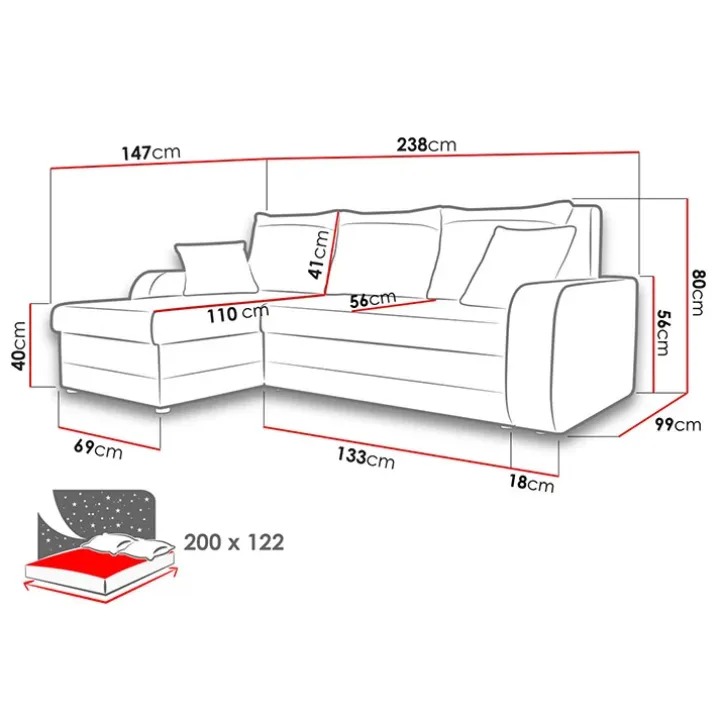 Divano angolare letto reversibile 238x147cm 3 posti velluto a coste grigio Flow