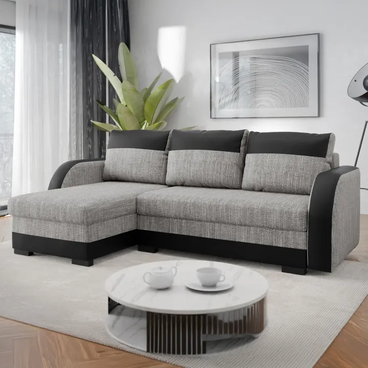 Divano angolare letto reversibile 230x140cm 3 posti grigio chiaro nero Metz