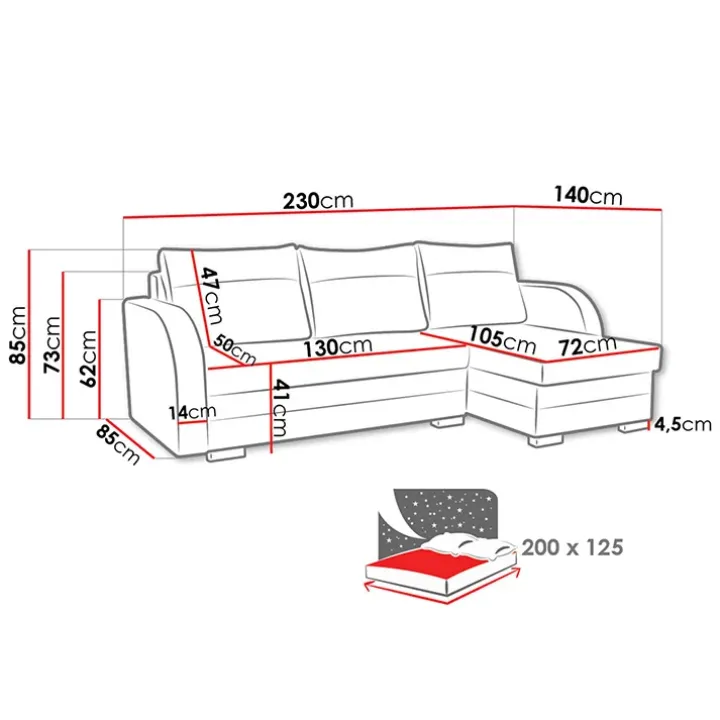 Divano angolare letto reversibile 230x140cm 3 posti grigio chiaro nero Metz