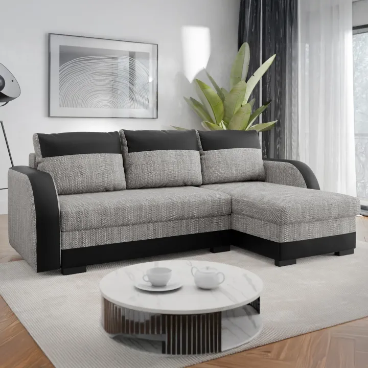 Divano angolare letto reversibile 230x140cm 3 posti grigio chiaro nero Metz