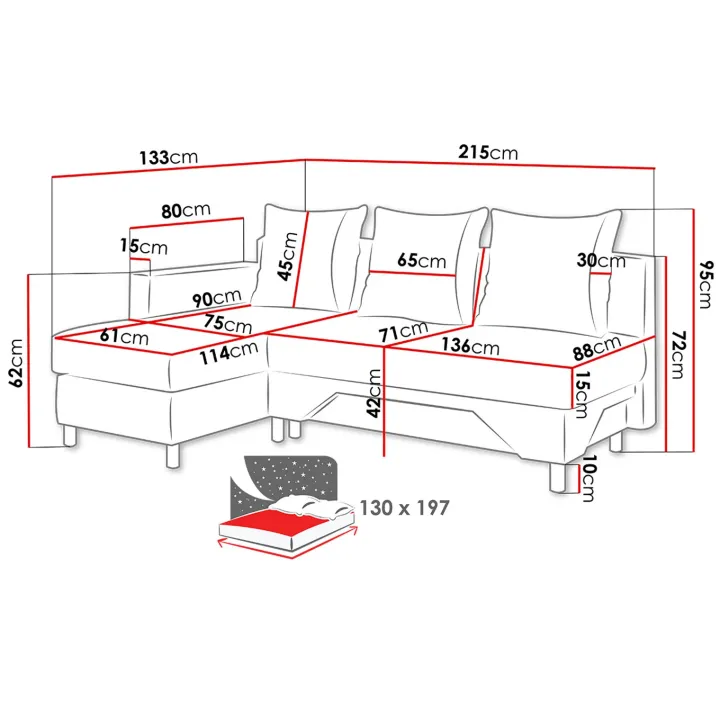 Divano letto angolare destra 3 posti 215cm grigio scuro e chiaro Aureliano