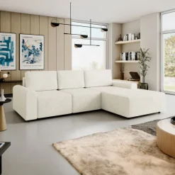 Divano letto angolare destra 3 posti 258x168 cm con contenitore a trama sottile beige Olivon