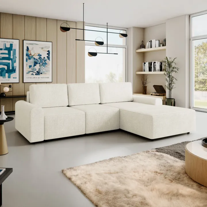 Divano letto angolare destra 3 posti 258x168 cm con contenitore a trama sottile beige Olivon