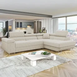Divano letto angolare destra 4 posti 274x203cm imbottito a coste beige Bormio