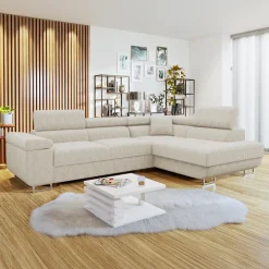 Divano letto angolare destra 4 posti 274x203cm imbottito a coste beige Bormio