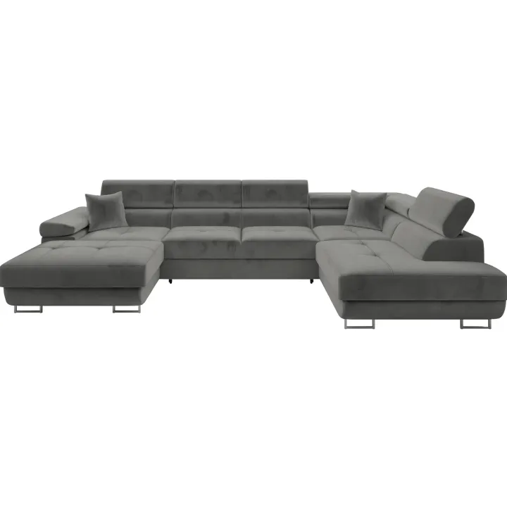 Divano letto angolare destra 5 posti 346x203cm con box contenitore velluto grigio Moirea
