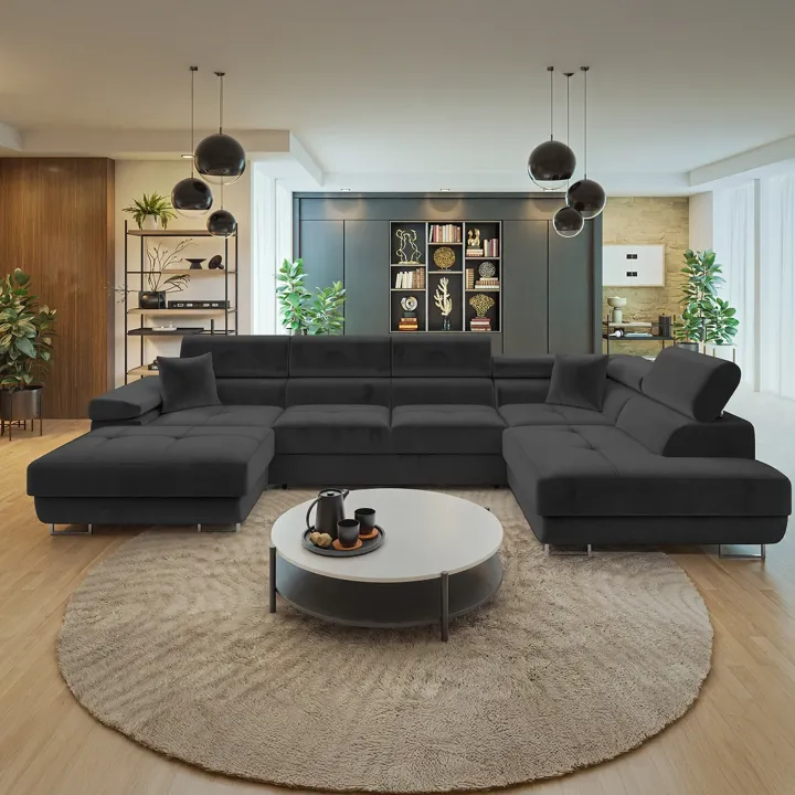 Divano letto angolare destra 5 posti 346x203cm con box contenitore velluto nero Moirea