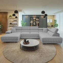 Divano letto angolare destra 5 posti 346x203cm con box contenitore a coste grigio Moirea