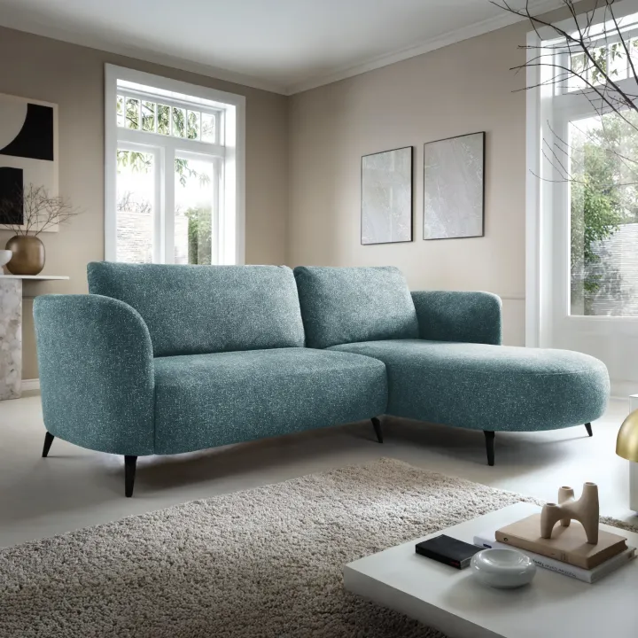 Divano letto angolare destra 3 posti 260x180cm tessuto bouclè azzurro Repose