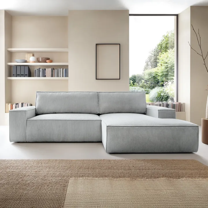 Divano letto angolare destra 3 posti 267x167cm velluto a coste grigio chiaro Relaxion