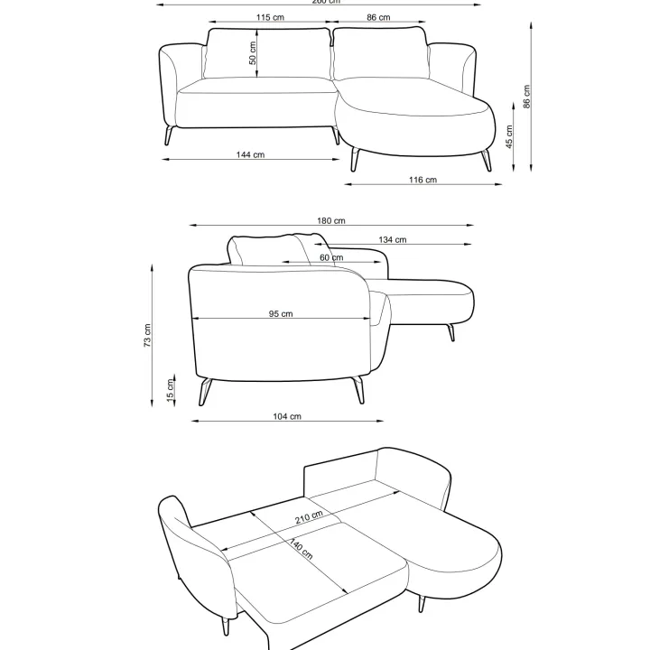 Divano letto angolare destra 3 posti 260x180cm tessuto bouclè antracite Repose