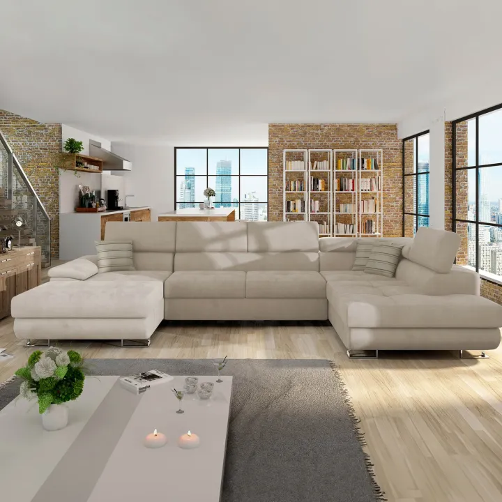 Divano letto angolare destra 5 posti 345x202cm tessuto beige Sloffy