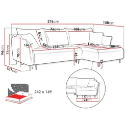 Divano letto angolare destro 3 posti 276x158cm tessuto grigio scuro Angle