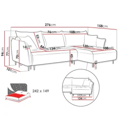 Divano letto angolare destro 3 posti 276x158cm tessuto grigio antracite Angle