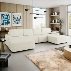 Divano letto angolare panoramico 5 posti 338x168 cm con contenitore a trama sottile beige Olivon
