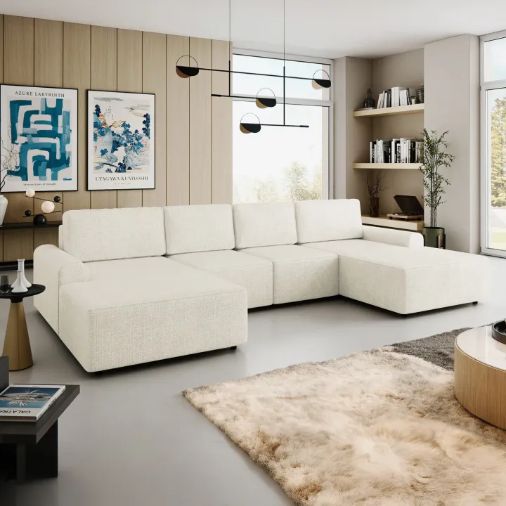 Divano letto angolare panoramico 5 posti 338x168 cm con contenitore a trama sottile beige Olivon