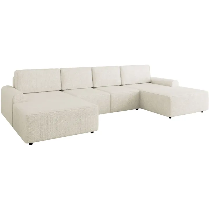Divano letto angolare panoramico 5 posti 338x168 cm con contenitore a trama sottile beige Olivon