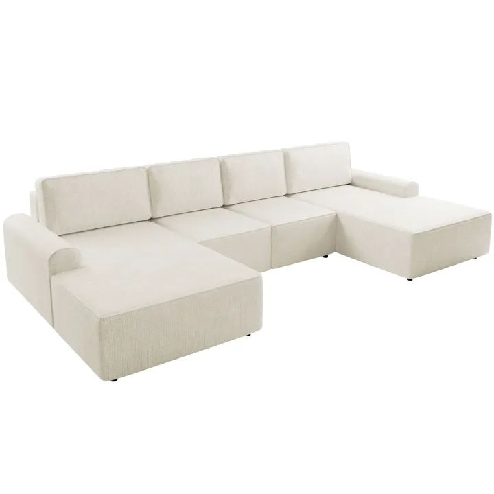 Divano letto angolare panoramico 5 posti 338x168 cm con contenitore a trama sottile beige Olivon