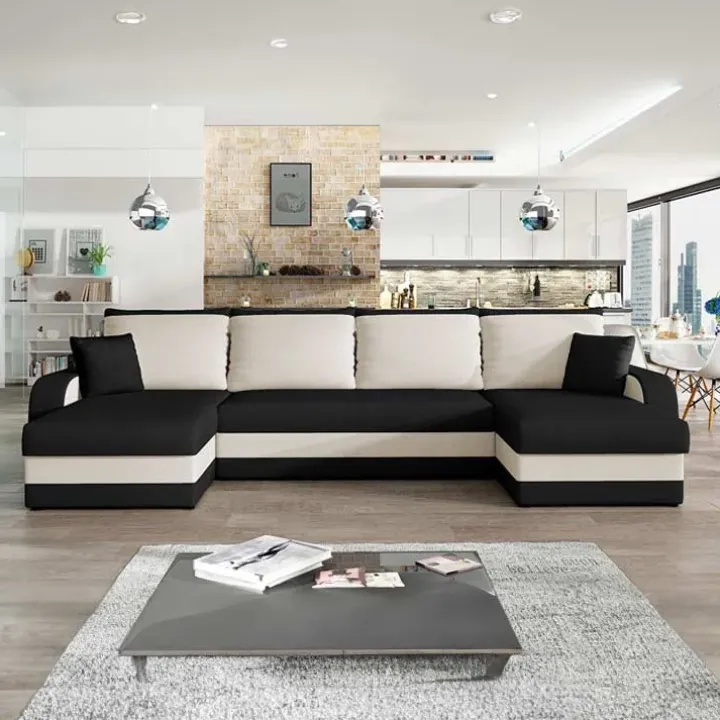 Divano letto angolare 5 posti 304cm contenitore nero ecru Assunta