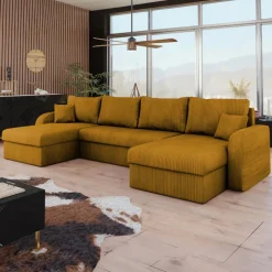 Divano letto angolare 5 posti 304cm con contenitore velluto a coste senape Assunta