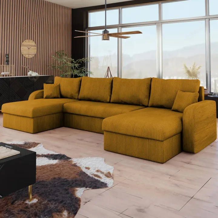 Divano letto angolare 5 posti 304cm con contenitore velluto a coste senape Assunta