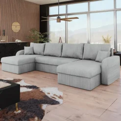 Divano letto angolare 5 posti 304cm con contenitore velluto a coste grigio Assunta