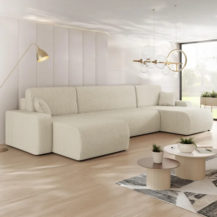 Divano letto angolare 5 posti 312x145cm con contenitore a coste beige Slurp