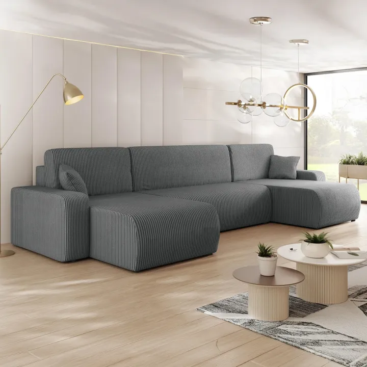 Divano letto angolare 5 posti 312x145cm con contenitore a coste antracite Slurp