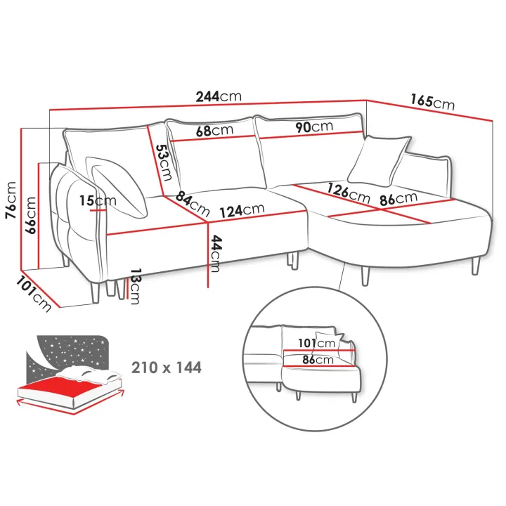 Divano letto angolare 3 posti 244x165cm tessuto grigio Lollypop