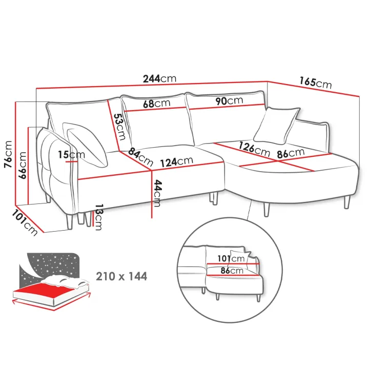 Divano letto angolare 3 posti 244x165cm tessuto blu Lollypop