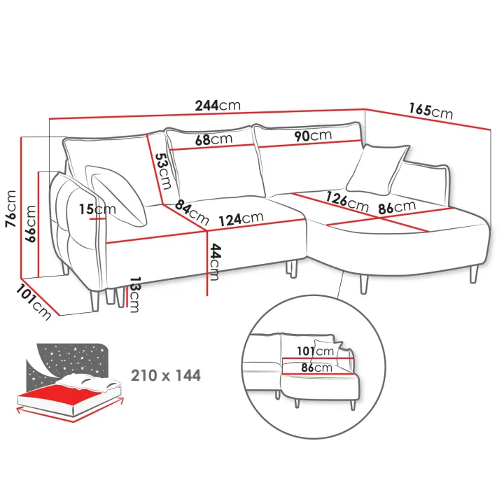Divano letto angolare 3 posti 244x165cm tessuto grigio antracite Lollypop