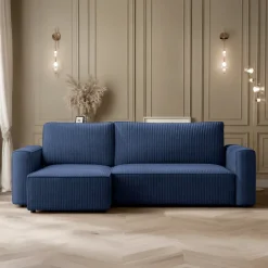 Divano letto angolare reversibile 243x142cm velluto a coste blu Ofelia