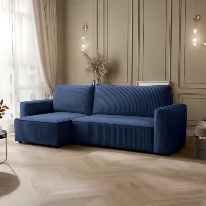 Divano letto angolare reversibile 243x142cm velluto a coste blu Ofelia