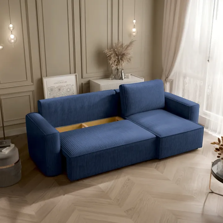 Divano letto angolare reversibile 243x142cm velluto a coste blu Ofelia