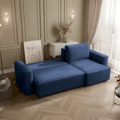 Divano letto angolare reversibile 243x142cm velluto a coste blu Ofelia