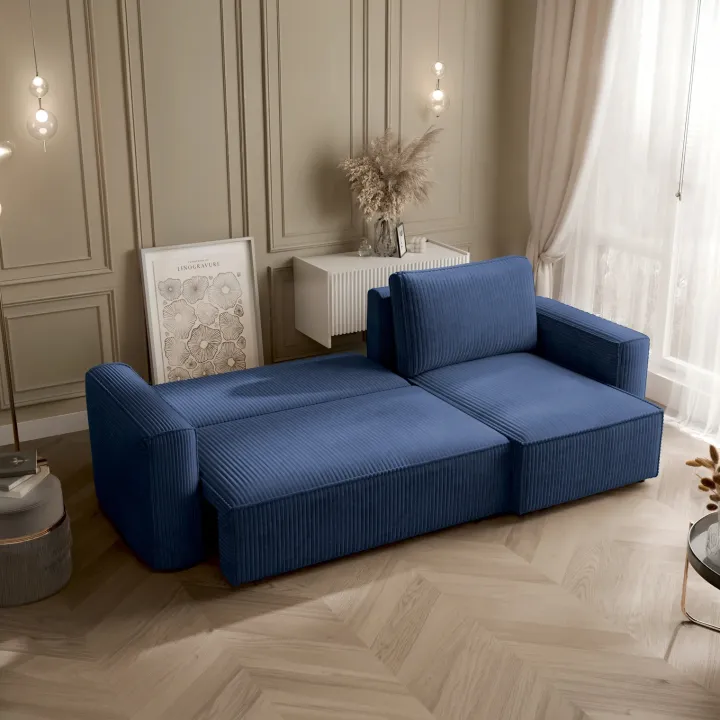 Divano letto angolare reversibile 243x142cm velluto a coste blu Ofelia