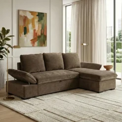 Divano letto angolare reversibile 260x148cm con vano contenitore tessuto marrone Arturo