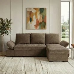 Divano letto angolare reversibile 260x148cm con vano contenitore tessuto marrone Arturo