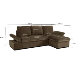 Divano letto angolare reversibile 260x148cm con vano contenitore tessuto marrone Arturo