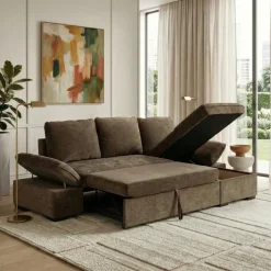 Divano letto angolare reversibile 260x148cm con vano contenitore tessuto marrone Arturo