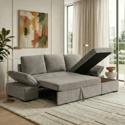 Divano letto angolare reversibile 260x148cm con vano contenitore tessuto grigio Arturo