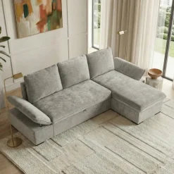 Divano letto angolare reversibile 260x148cm con vano contenitore tessuto grigio Arturo