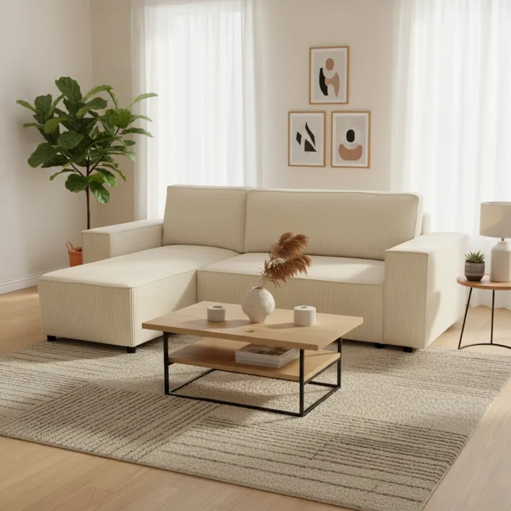 Divano letto angolare reversibile 242x155cm tessuto a coste beige Angels