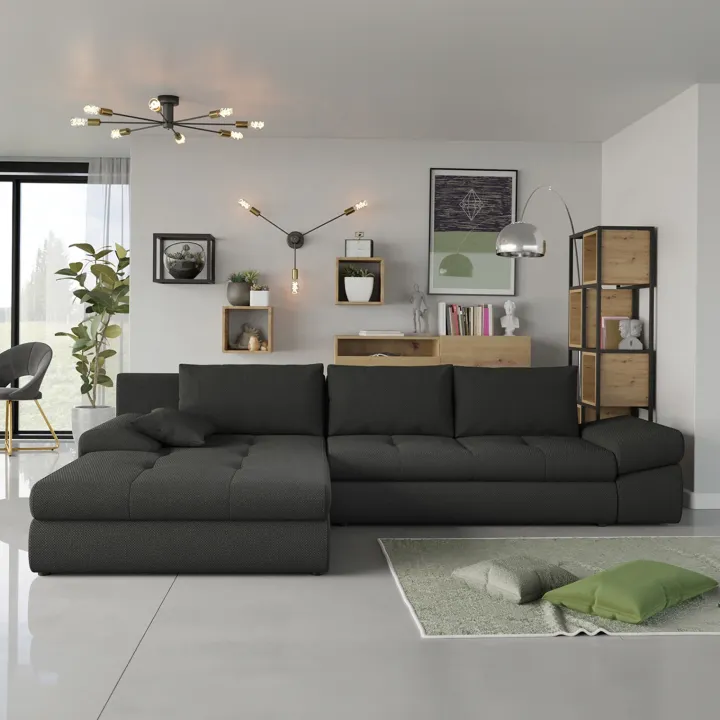 Divano letto angolare reversibile 313x215cm tessuto antracite Puffo