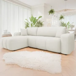 Divano letto angolare reversibile 3 posti 244x145cm con contenitore tessuto beige Orama